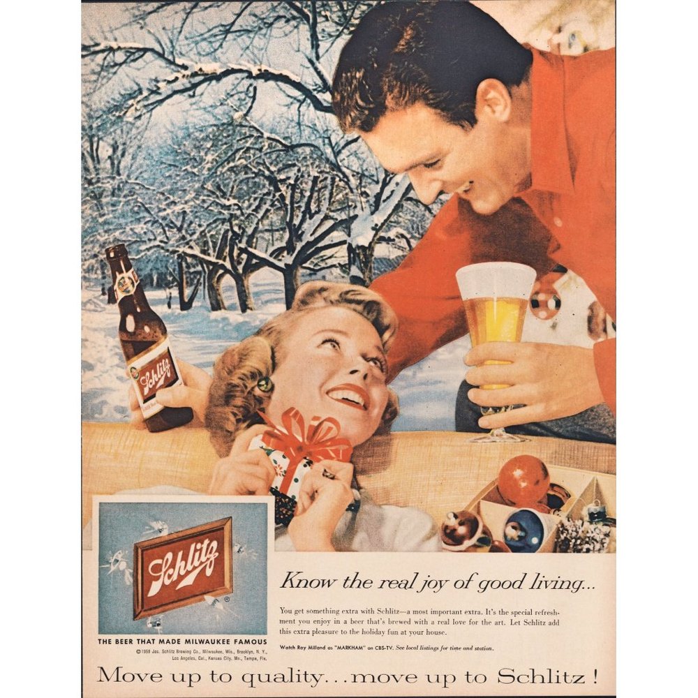 1959 Schlitz Beer Joy of Good Living Vintage Print Ad Christmas Snow Wall Art 50